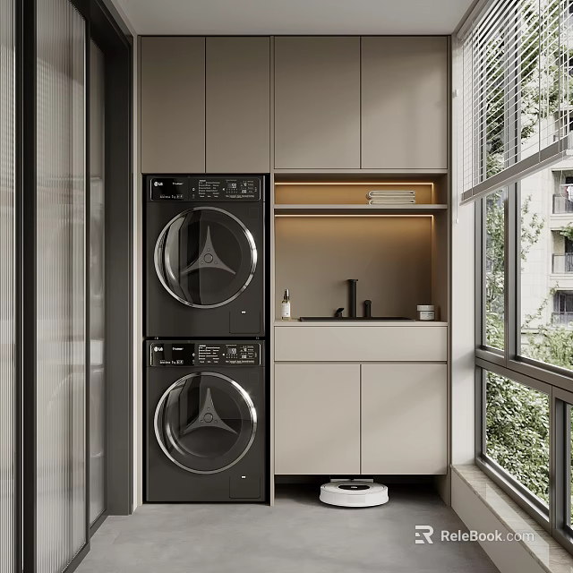 Modern Light Colored Balcony Cabinet with Stacked Washing Machines Countertop Window and Natural Light 3d model 