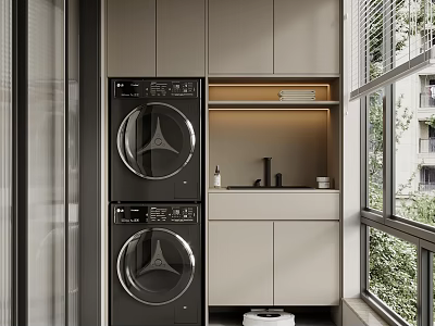 Modern Light Colored Balcony Cabinet with Stacked Washing Machines Countertop Window and Natural Light 3d model