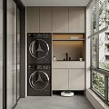 Modern Light Colored Balcony Cabinet with Stacked Washing Machines Countertop Window and Natural Light
