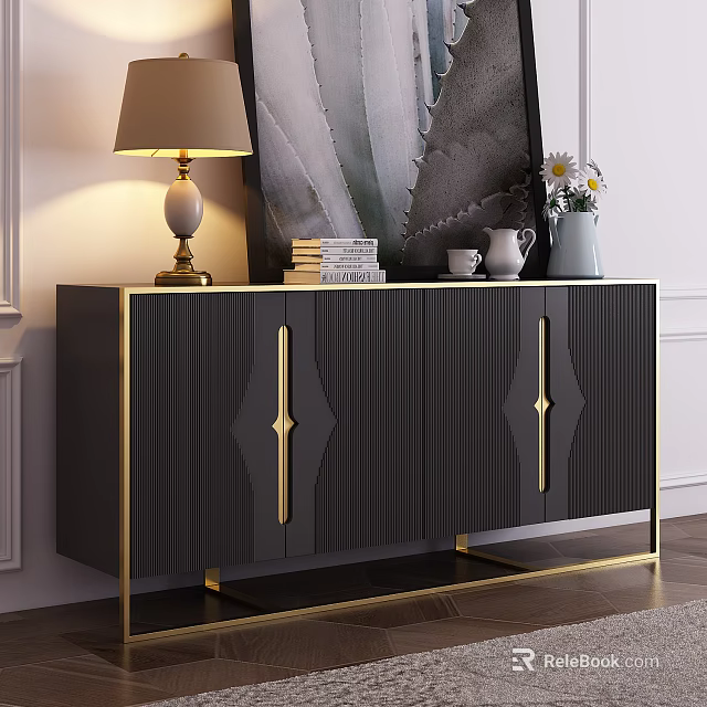 Modern Dark Entryway Sideboard Cabinet With Gold Accents Table Lamp Books And Vase 3d model 