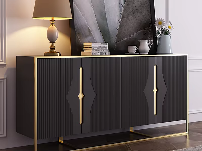 Modern Dark Entryway Sideboard Cabinet With Gold Accents Table Lamp Books And Vase 3d model