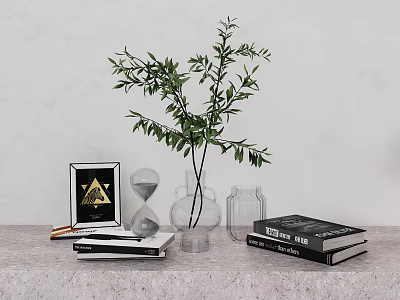 Home Decor Ornament Set with Green Foliage Clear Vase Hourglass Triangle Frame Stacked Books 3d model