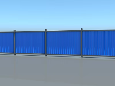 Blue Corrugated Panel Fence with Black Support Posts Set Against Blue Sky and Gray Ground 3d model