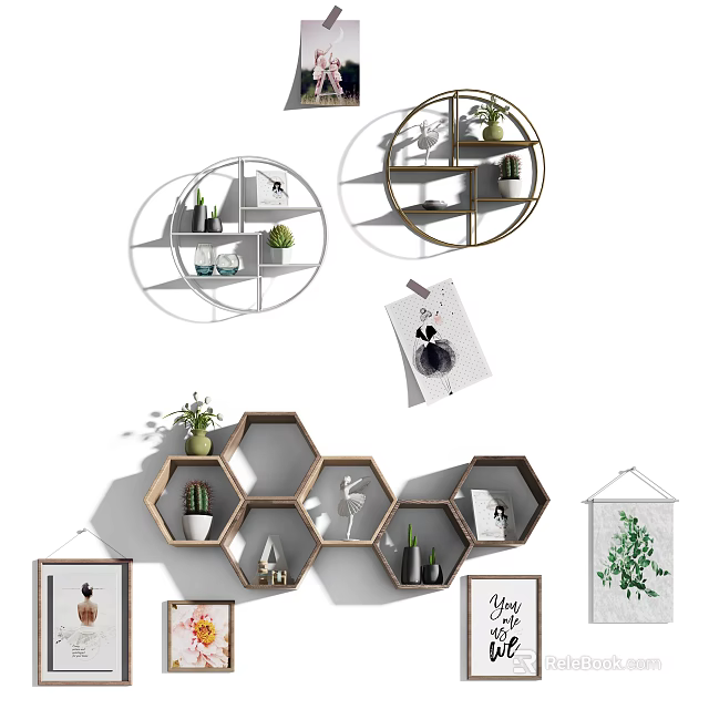 Modern Wall Cabinets Design With Various Shapes And Decorative Plants 3d model