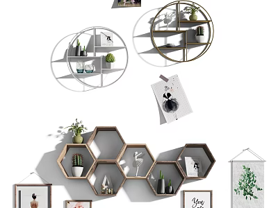 Modern Wall Cabinets Design With Various Shapes And Decorative Plants 3d model