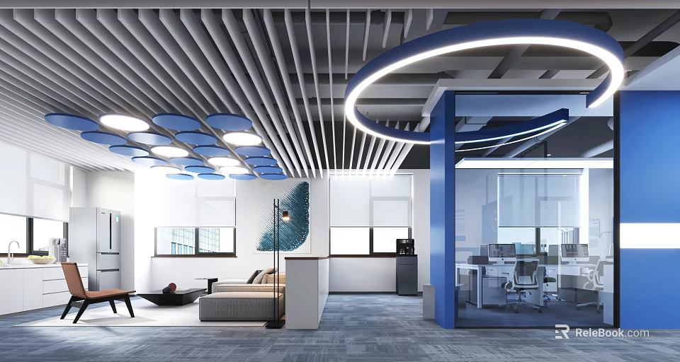 Modern Office Interior With Blue White Ceiling Design Sofa Area Workstations And Windows 3d model