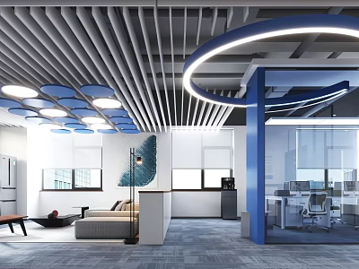 Modern Office Interior With Blue White Ceiling Design Sofa Area Workstations And Windows 3d model