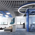 Modern Office Interior With Blue White Ceiling Design Sofa Area Workstations And Windows 3d model