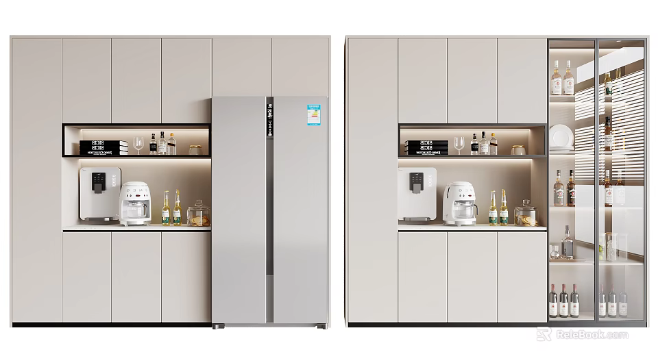 Modern Wine Cabinet Design With Glass Doors Displaying Wine Bottles And Integrated Cabinets 3d model 