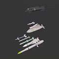 Different Types Of Military Missiles With Tail Fins And Yellow Tips
