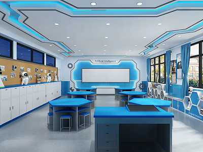 School Modern Blue And White Classroom With Hexagonal Decorations Blue Tables Whiteboard Lockers And Windows 3d model
