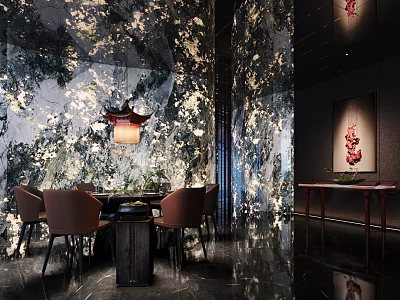 Elegant Modern Restaurant Interior With Floral Marble Walls Pendant Lamp Dining Table And Brown Chairs 3d model