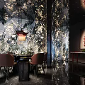 Elegant Modern Restaurant Interior With Floral Marble Walls Pendant Lamp Dining Table And Brown Chairs