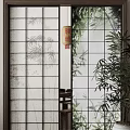 Japanese Interior Sliding Door With Bamboo Pattern Wooden Frame And Frosted Glass Design