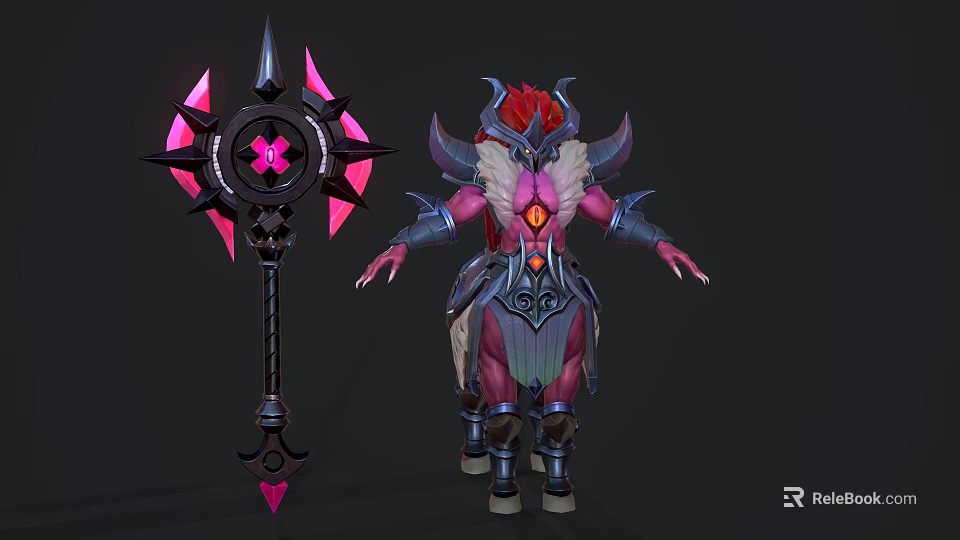 Mythical Demon Warrior Character With Red Horns Purple Pink Armor And Giant Spiked Weapon 3d model 