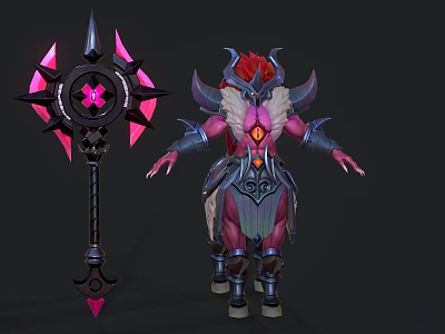 Mythical Demon Warrior Character With Red Horns Purple Pink Armor And Giant Spiked Weapon 3d model
