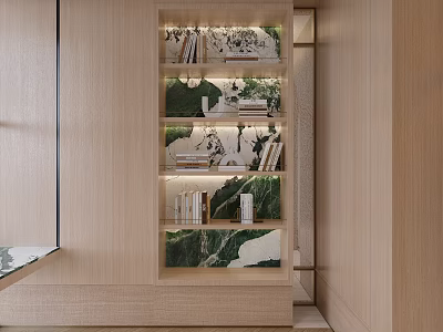 Elegant Modern Bookcase With Green Layered Backdrop And Shelves For Books Decor 3d model