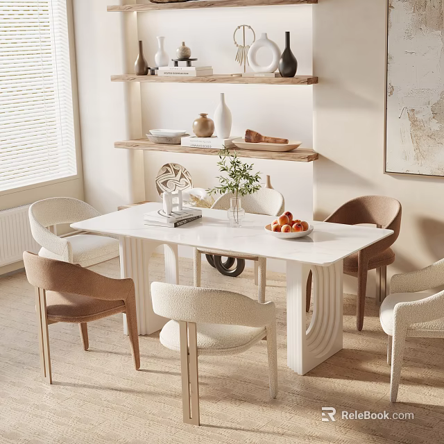 Modern Dining Table Set With White Top Mixed Chairs Potted Plant Fresh Fruits And Wooden Shelves 3d model 