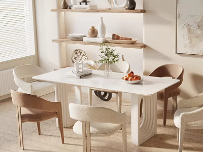 Modern Dining Table Set With White Top Mixed Chairs Potted Plant Fresh Fruits And Wooden Shelves 3d model