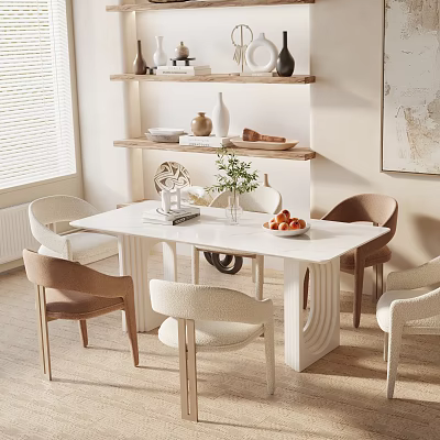 Modern Dining Table Set With White Top Mixed Chairs Potted Plant Fresh Fruits And Wooden Shelves 3d model