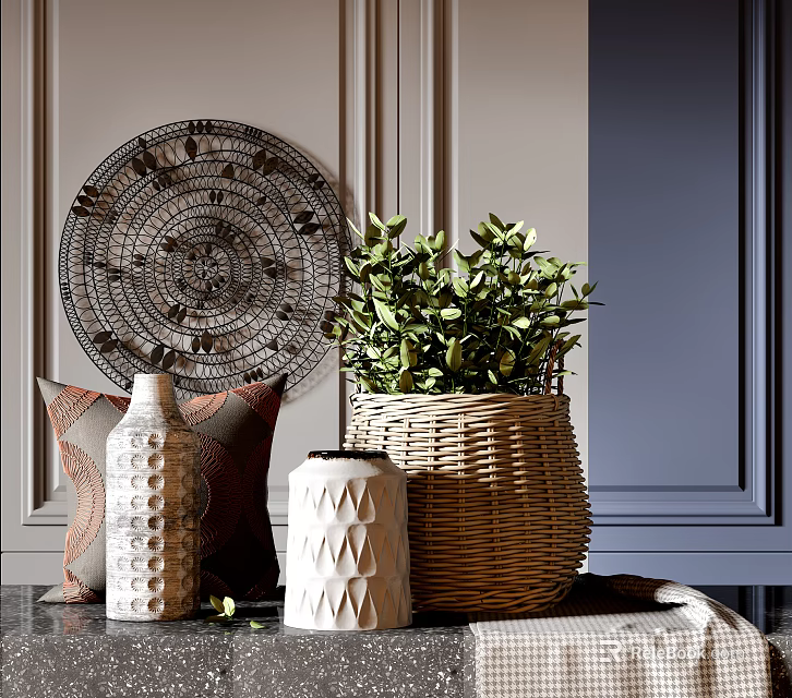 Elegant Decorative Ornament Set With Circular Plate Green Plant Wicker Basket And Geometric Vases 3d model 