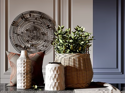 Elegant Decorative Ornament Set With Circular Plate Green Plant Wicker Basket And Geometric Vases 3d model