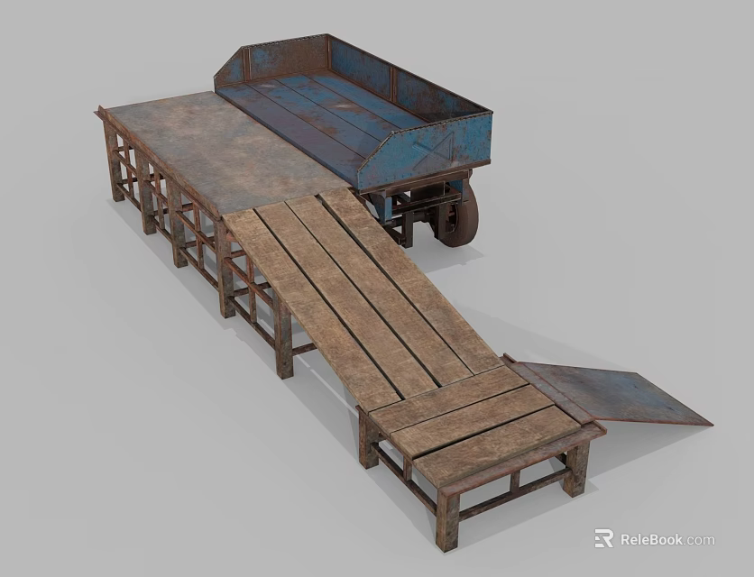 Vintage Agricultural Transport Equipment With Wooden Plank Ramp Metal Bed And Wheels 3d model 