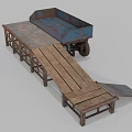 Vintage Agricultural Transport Equipment With Wooden Plank Ramp Metal Bed And Wheels