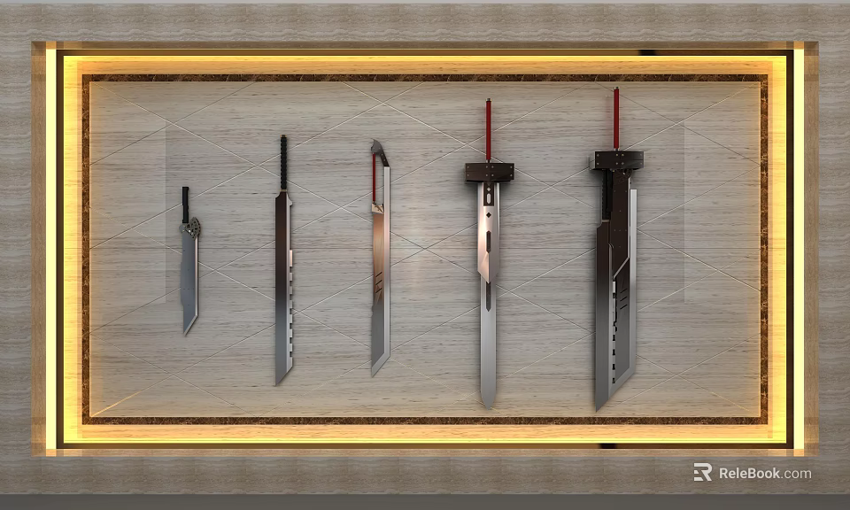 Five Different Styles of Blades Arranged on Wooden Display Rack With Yellow Lighting 3d model 