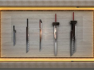 Five Different Styles of Blades Arranged on Wooden Display Rack With Yellow Lighting 3d model