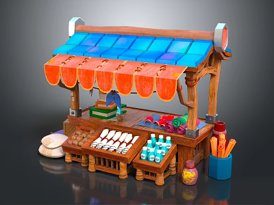 Wooden Market Stall Featuring Blue Orange Awning With Bread Drink Bottles And Colorful Items 3d model