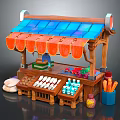 Wooden Market Stall Featuring Blue Orange Awning With Bread Drink Bottles And Colorful Items