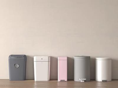 Public Facilities Colorful Trash Bins Arranged Against Light Wall On Wooden Floor 3d model