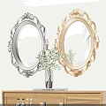 Ornate Oval Silver Gold Mirrors On Wall With Green Plant Vase And Wooden Shelf