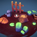 Decorative Garden Ornament Set With Wooden Fence Colorful Rocks Small Potted Plant And Clay Pot
