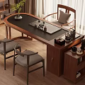 Modern Chinese Style Solid Wood Tea Table with Gray Cushioned Chairs and Tea Set 3d model