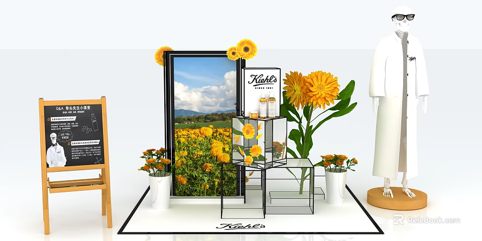 Elegant Decorative Ornament Set With Yellow Sunflowers Scenic Frame Glass Shelf And White Vases 3d model 