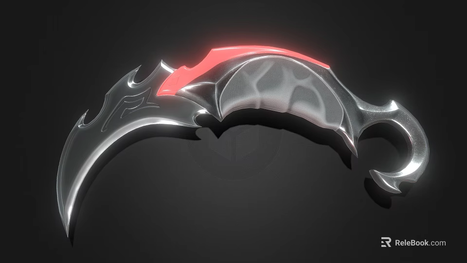 Silver Curved Weapon With Red Glowing Accents And Bat Wing Inspired Design 3d model 