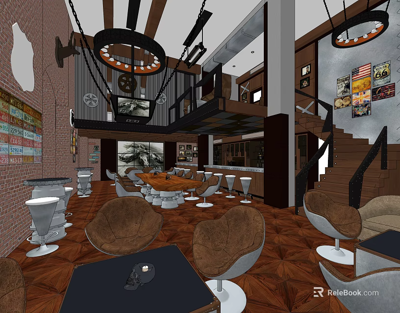 Modern Bar Interior Design With Open Space Brown Chairs Black Tables And Brick Wall 3d model 