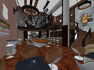 Modern Bar Interior Design With Open Space Brown Chairs Black Tables And Brick Wall 3d model