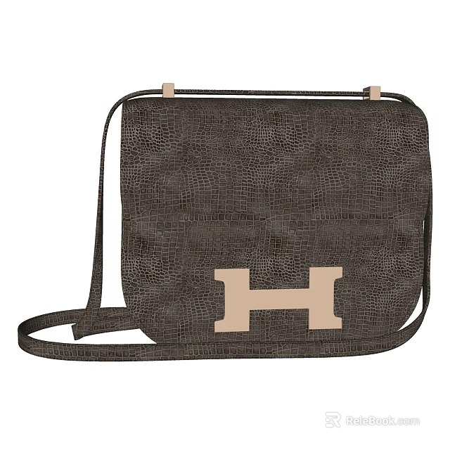 Dark Brown Crocodile Texture Crossbody Bag With H Shaped Logo And Shoulder Strap 3d model 
