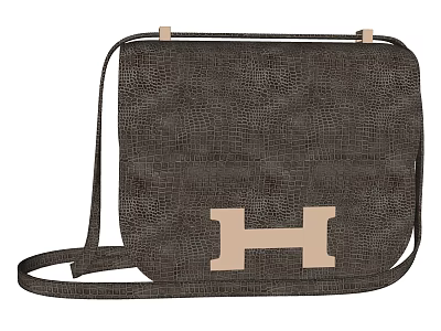 Dark Brown Crocodile Texture Crossbody Bag With H Shaped Logo And Shoulder Strap 3d model