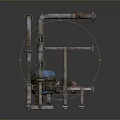 Industrial Pipe System With Metal Pipes Valves Supports And Blue Mechanical Equipment
