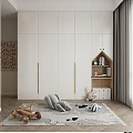 White Kids Wardrobe With Golden Handles Stuffed Toys Toy Car And Small Bookshelf On Rug