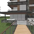 Multi story Boutique Guesthouse with Large Windows Balconies Lush Green Trees and Wooden Walkway