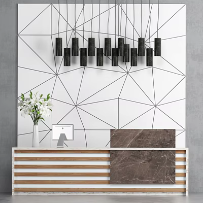 Modern Reception Desk With Wooden Marble Top Geometric Wall Pendant Lights White Flower Vase 3d model