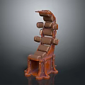 Brown Leather Chair With Multiple Cushioned Backrests And Intricate Wooden Frame Design