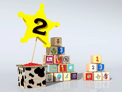 Colorful Building Blocks With Numbers Patterns And Star Shaped Decoration On Box 3d model
