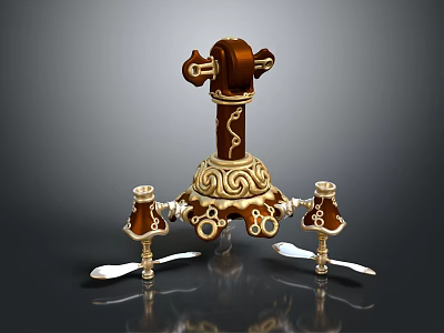 Decorative Phone Stand With Carved Design And Metal Accents In Brown Gold Shiny Finish 3d model