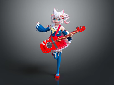 White Cat Ears Game Anime Character With Pink Hair In Blue Outfit Holding Red Guitar 3d model